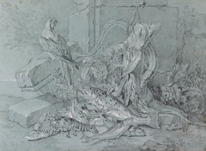 Nature morte avec poisson et perroquet